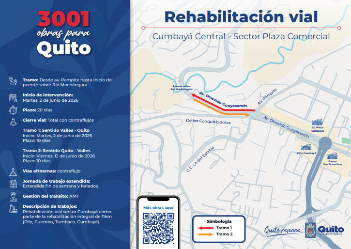 Trabajos de rehabilitación vial en av. Pampite hacia el Puente sobre el Río Machángara, sector Cumbayá